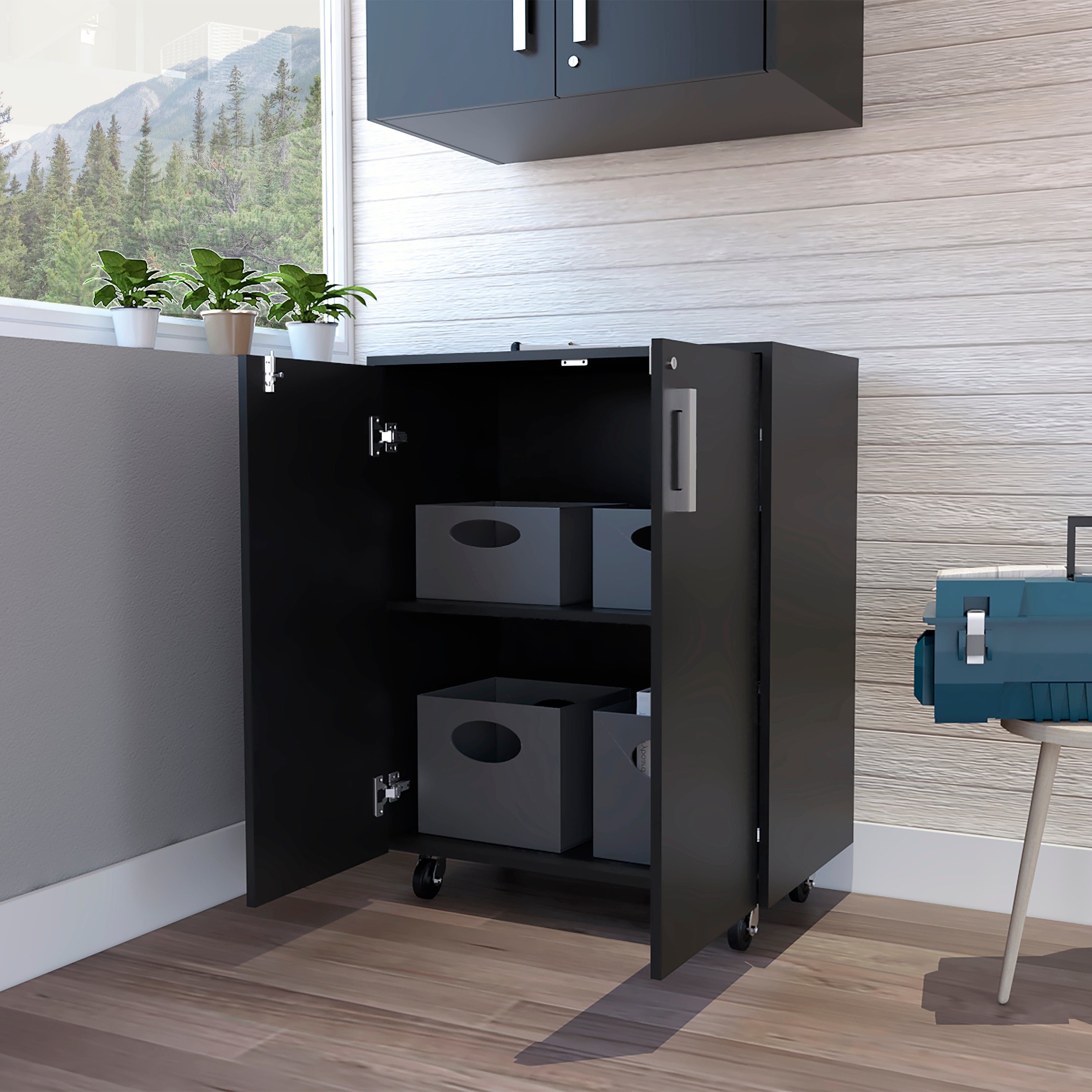 Storage Cabinet, Casters, Double Door, Two Interior Shelves -Black | Premium Home Decor - Grand Goldman