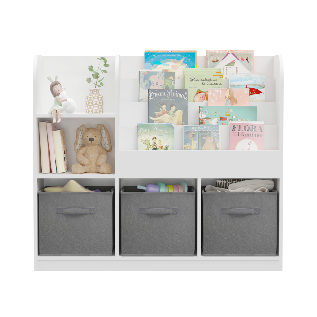 Kids Bookcase and Bookshelf with 3 Collapsible Fabric Drawers, Multifunctional Display Stand for Bedroom, Playroom, Hallway i