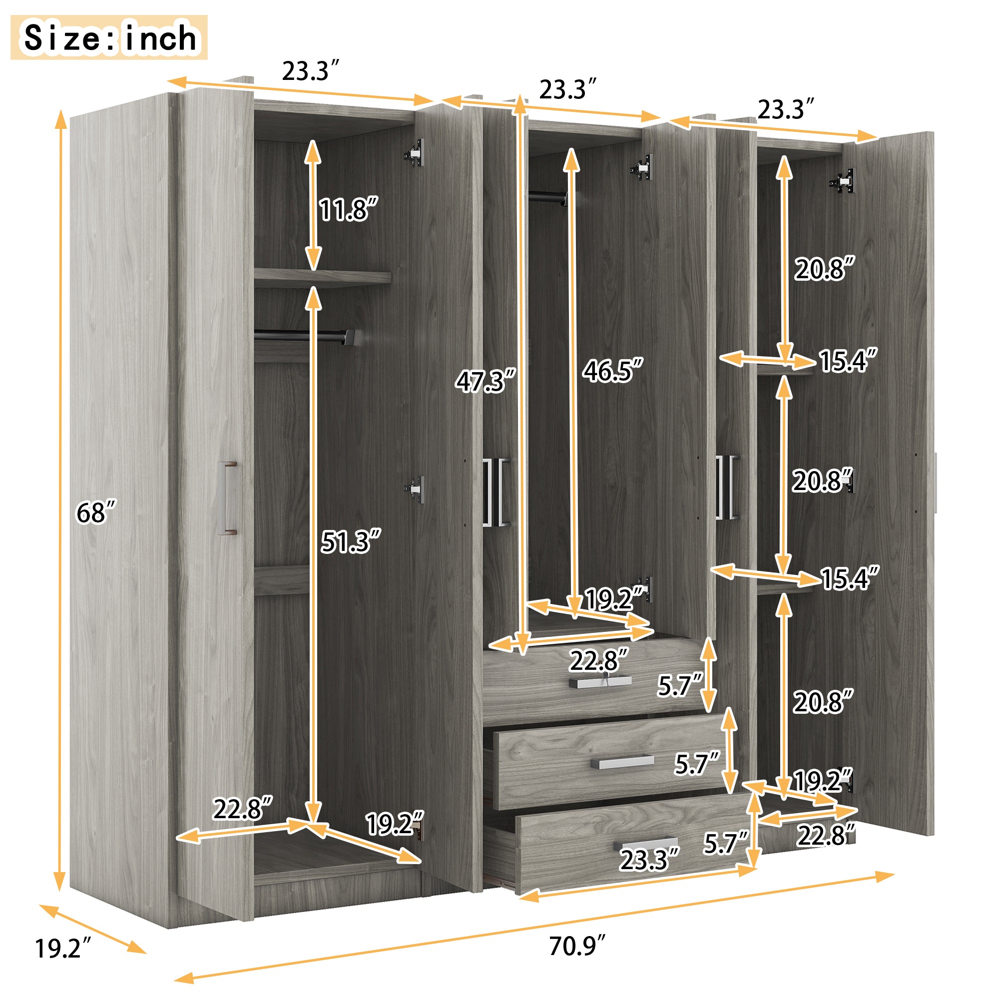 6-Doors Wooden Wardrobe Storage for Bedroom, with Big Drawers, Gray - Grand Goldman Shop