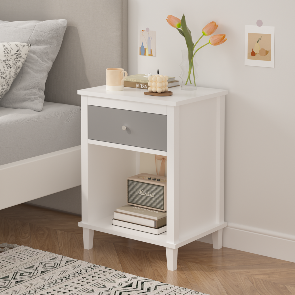 Gray+Silver Handle Wooden Nightstand 26.77''H with One Drawer One Shelf for Kids and Adults, White+Gray Finish MDF - Grand Goldman Shop