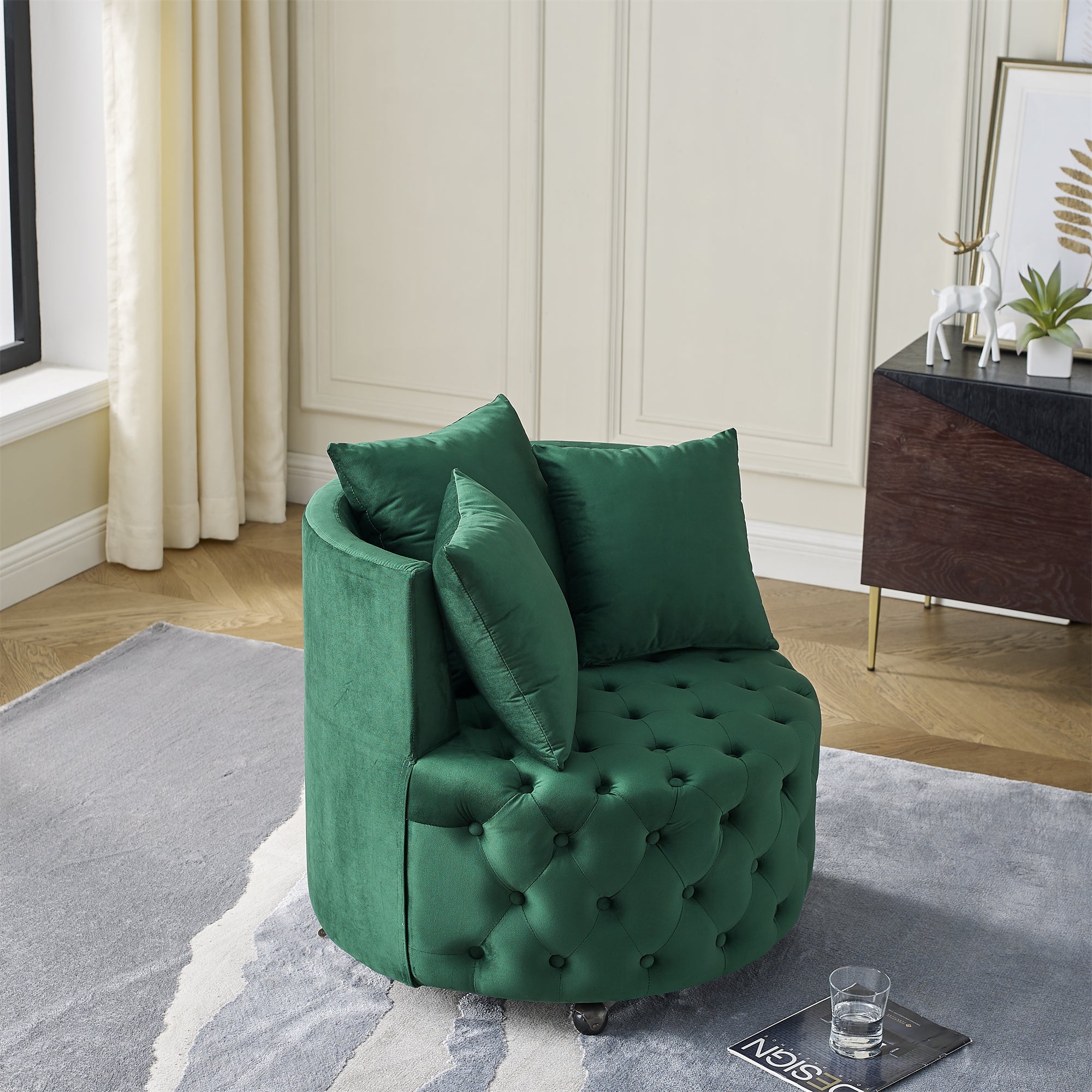Modern Glam Velvet Upholstered Swivel Chair with Button Tufted Design and Wheels, Green - Grand Goldman Shop