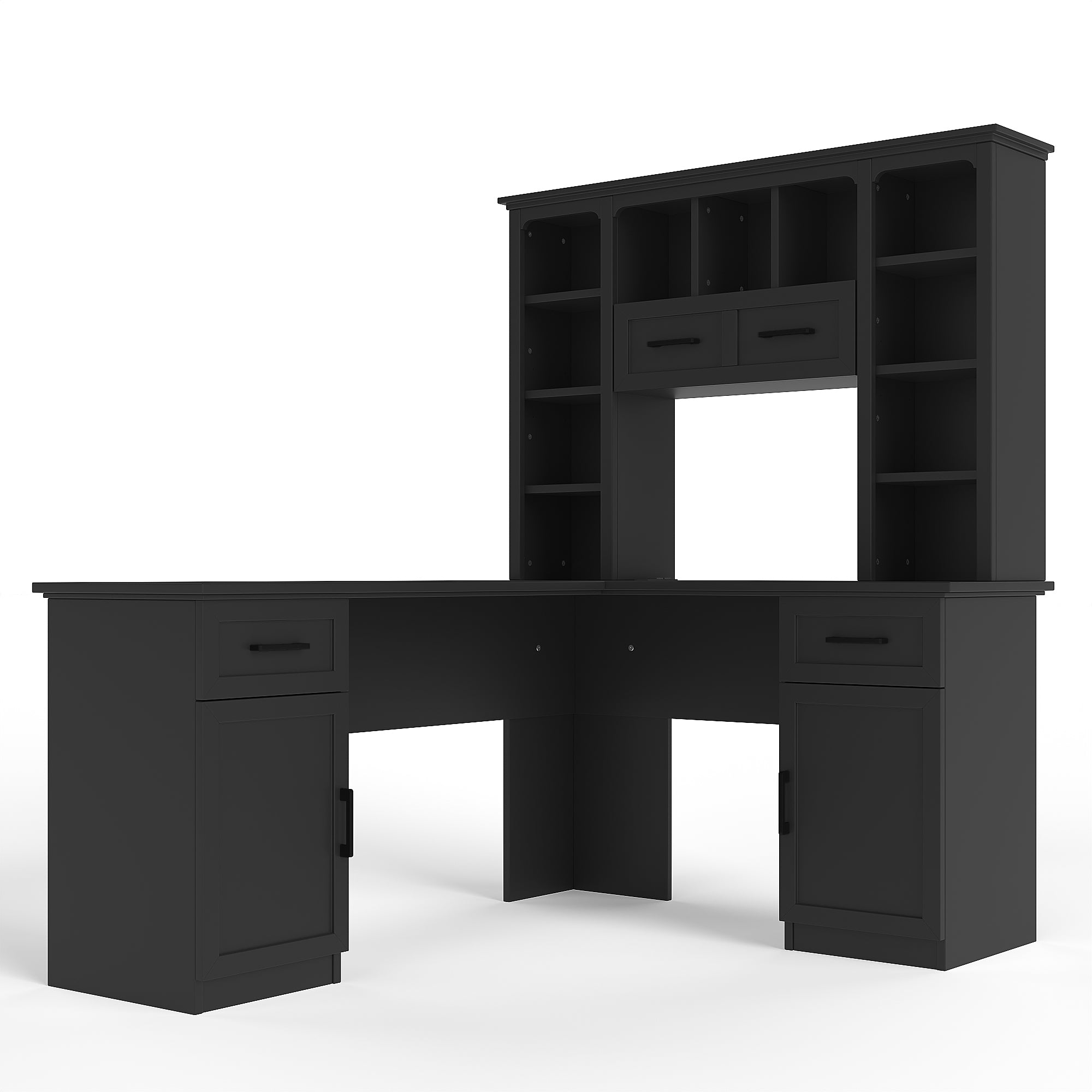 L-shaped computer desk with 2 cabinets and 2 drawers underneath the table, 11 open shelves and a flip-up shelf with storage o