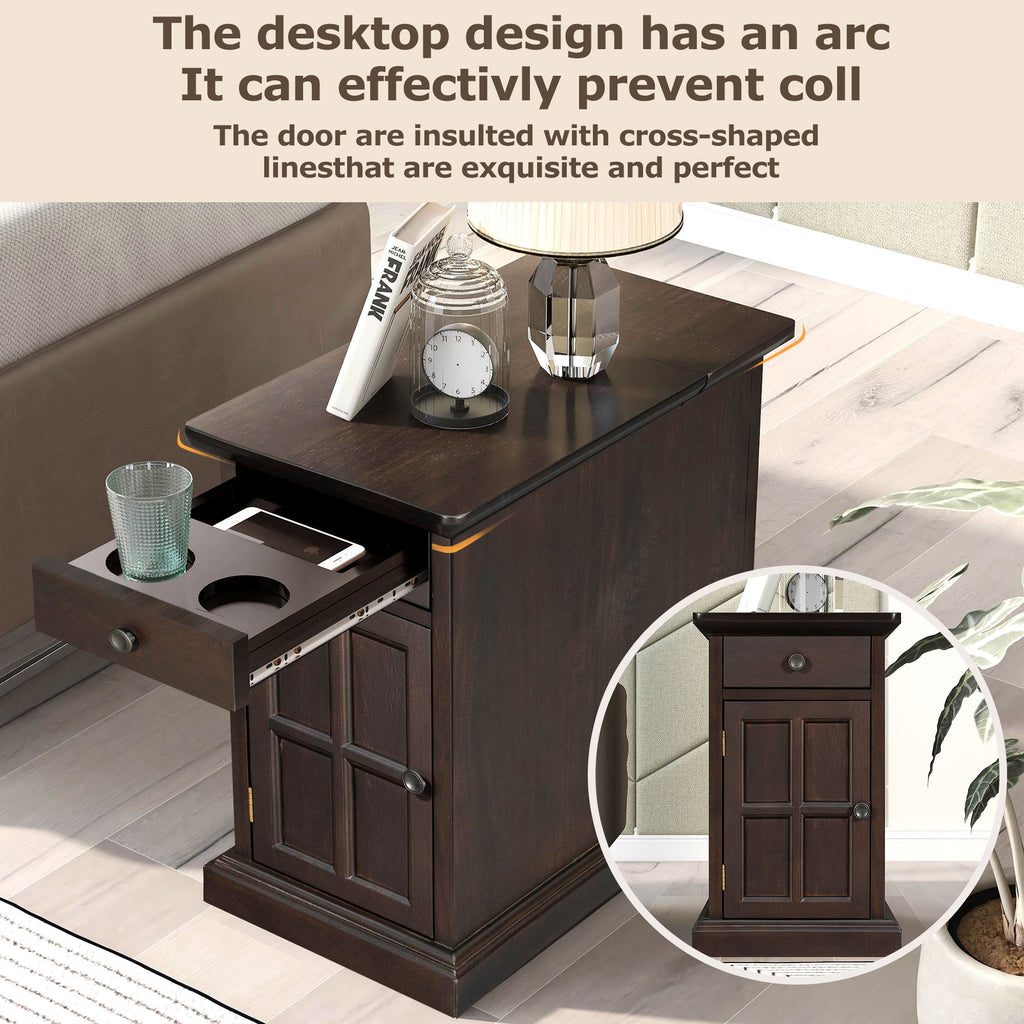 U-Can Classic Vintage Livingroom End Table Side Table with USB Ports and One Multifunctional Drawer with cup holders, Antique Espresso (Old SKU: WF296294AAP) - Grand Goldman Shop