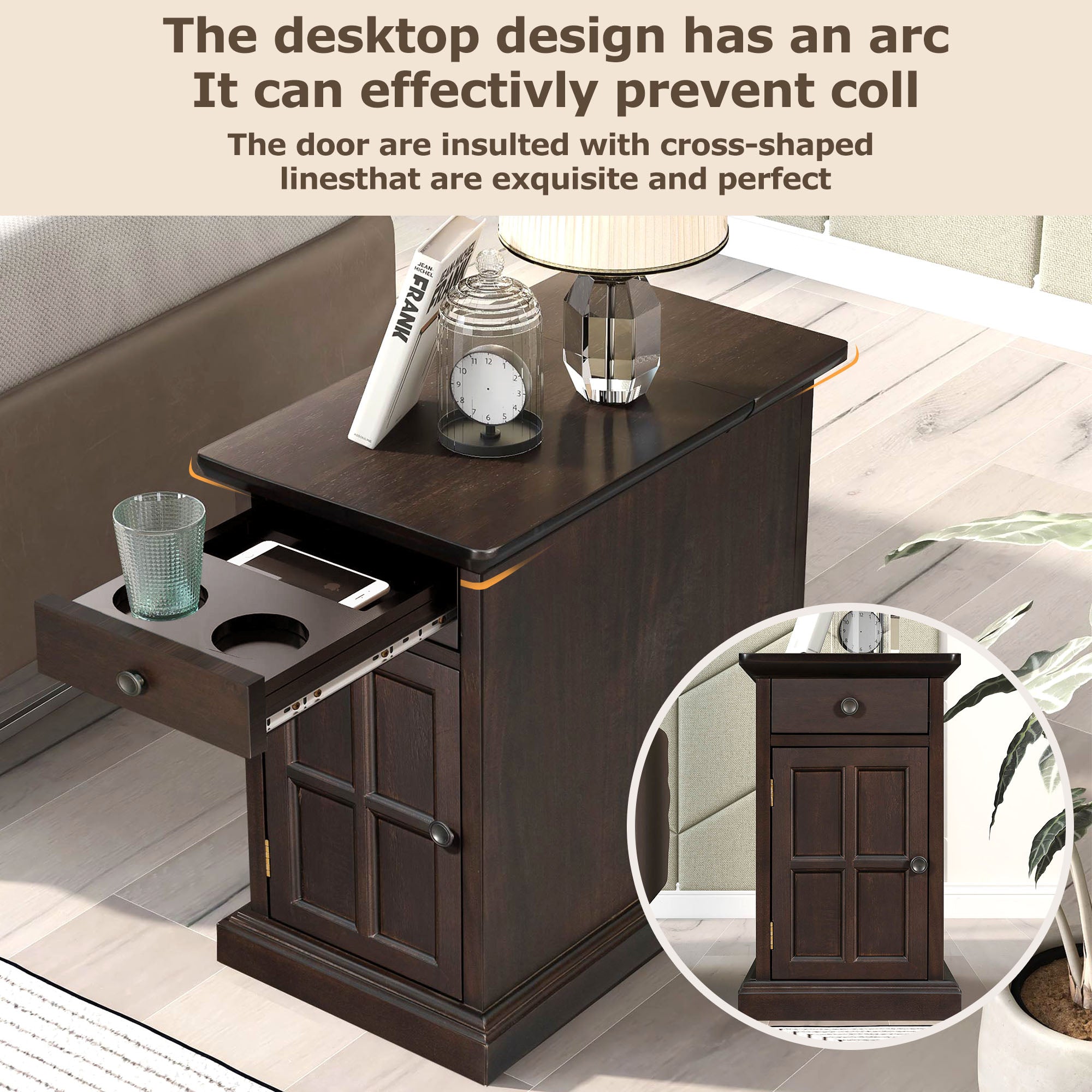 U-Can Classic Vintage Livingroom End Table Side Table with USB Ports and One Multifunctional Drawer with cup holders, Antique Espresso (Old SKU: WF296294AAP) - Grand Goldman Shop