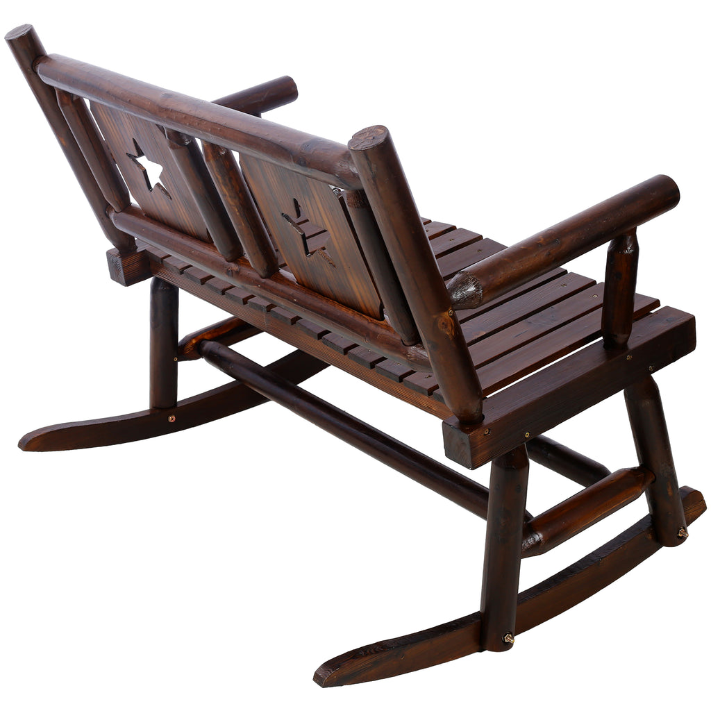 Outdoor Wood Rocking Bench Carbonized Double Rocking Chair for 2 Persons with Wide Curved Seat, Porch Rocker for Porch, Garden, Backyard, Rustic Brown - Grand Goldman Shop