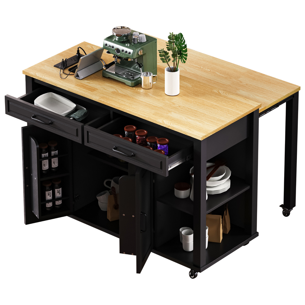 K&K 47 inch Kitchen Island with Extendable Dining Table, Rubber Wood Veneer Kitchen Table with Internal Storage Rack, Power Outlet, Kitchen island with Storage 2 Drawers 2 Cabinet, Black - Grand Goldman Shop