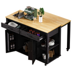 K&K 47 inch Kitchen Island with Extendable Dining Table, Rubber Wood Veneer Kitchen Table with Internal Storage Rack, Power Outlet, Kitchen island with Storage 2 Drawers 2 Cabinet, Black - Grand Goldman Shop
