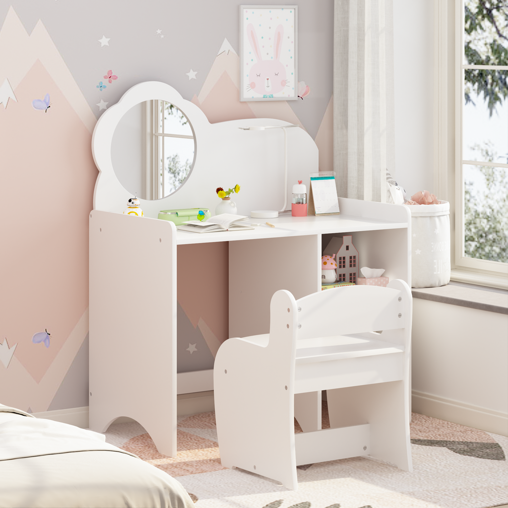 Kids Vanity Table with Mirror and Chair, Wooden Children's Dressing Makeup Desk with Storage Shelves, Study and Activity Tabl