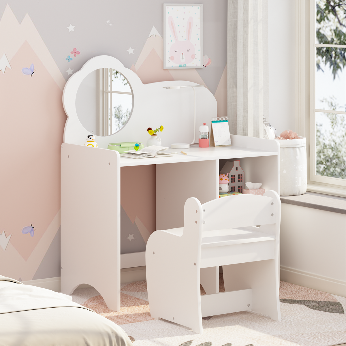 Kids Vanity Table with Mirror and Chair, Wooden Children's Dressing Makeup Desk with Storage Shelves, Study and Activity Tabl