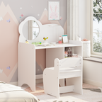 Kids Vanity Table with Mirror and Chair, Wooden Children's Dressing Makeup Desk with Storage Shelves, Study and Activity Tabl