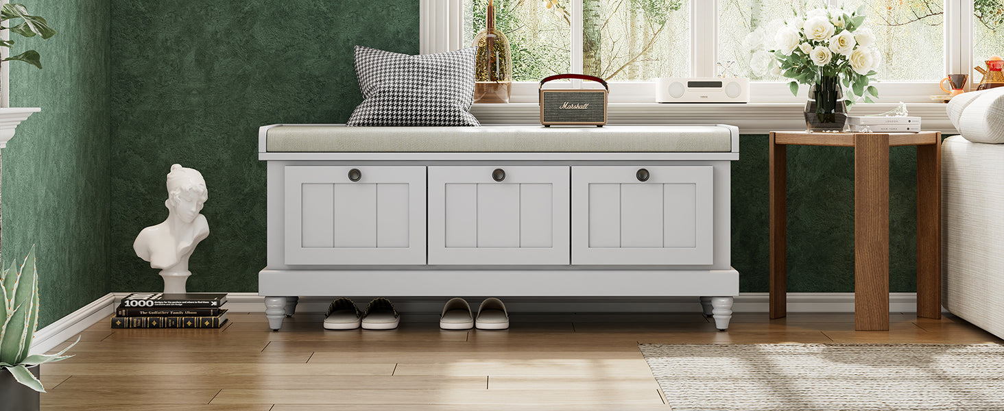 TREXM Classic Shoe Bench with Cushion and Three Drawers, Fluted Entryway Bench with Storage for Living Room, Entryway, and Hallways (Light Gray, OLD SKU: N715P207812E ) - Grand Goldman Shop