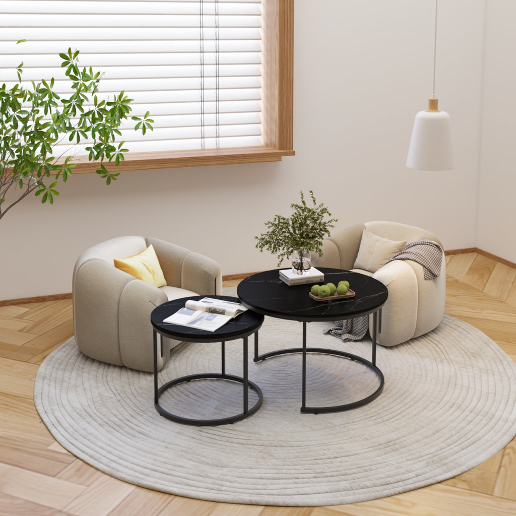 Nesting Coffee Table Set of 2, 27.6in Round Wood Marble Pattern Top with Sturdy Metal Frame, Black Living Room Side Tables for Bedroom Balcony Yard - Grand Goldman Shop