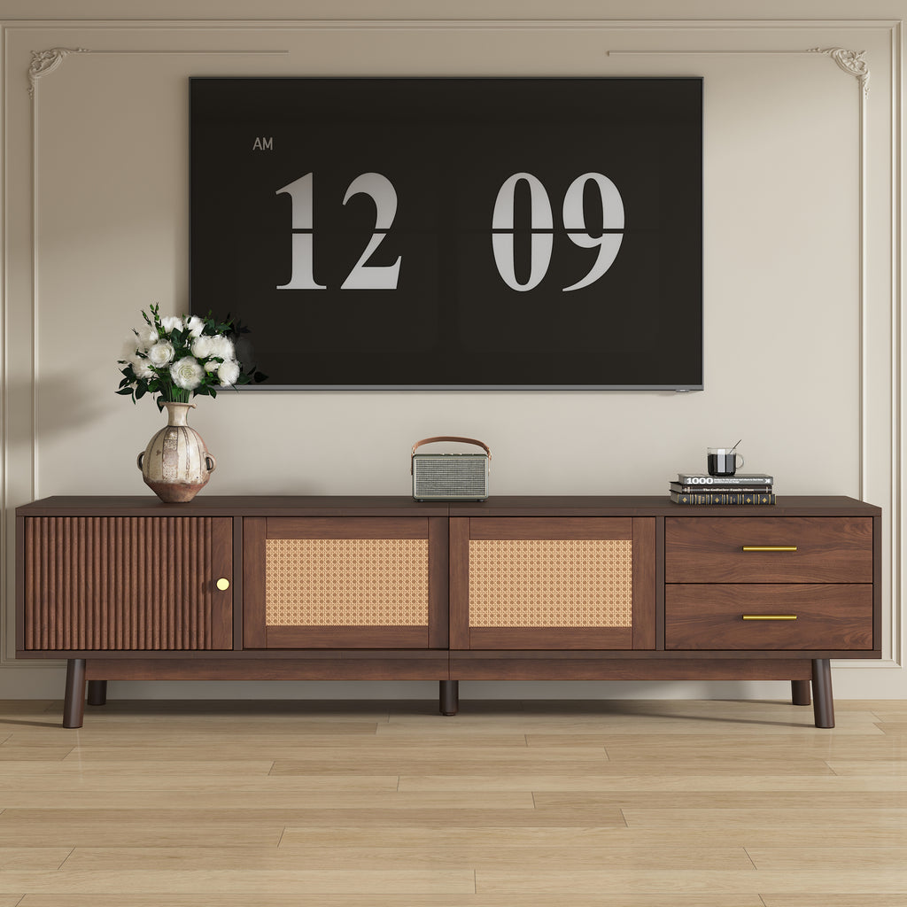 Mid Century Modern TV Stand for 80' TVs with Sliding Doors and Drawers, Dark Brown Rattan Accent Storage Unit in Solid Wood and MDF, 70.87' L x 15.35' W x 18.11' H - Grand Goldman Shop