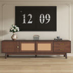 Mid Century Modern TV Stand for 80' TVs with Sliding Doors and Drawers, Dark Brown Rattan Accent Storage Unit in Solid Wood and MDF, 70.87' L x 15.35' W x 18.11' H - Grand Goldman Shop