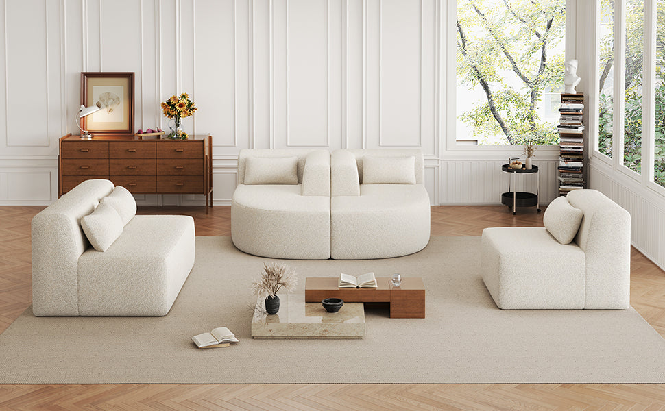 Modern Upholstered L-Shape Sofa with Chaise Lounge and Back Pillows, Beige Boucle Fabric, 144 inches - Grand Goldman Shop