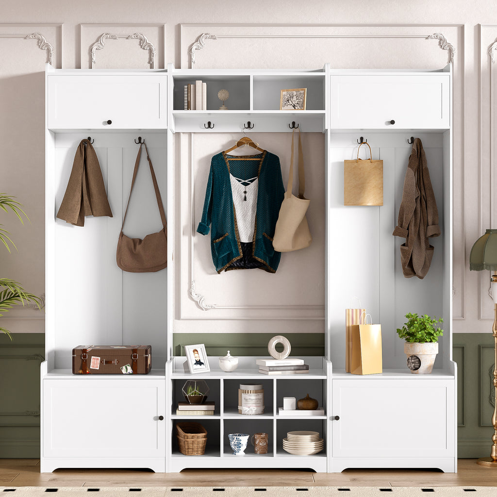 VIBE HAUS 79.1''Wide Modern Hall Tree with Shoe Storage, 4-in-1 Entryway Bench with 8 Cubbies, 7 Coat Hooks & Adjustable Shelf for Hallway, living room, White - Grand Goldman Shop