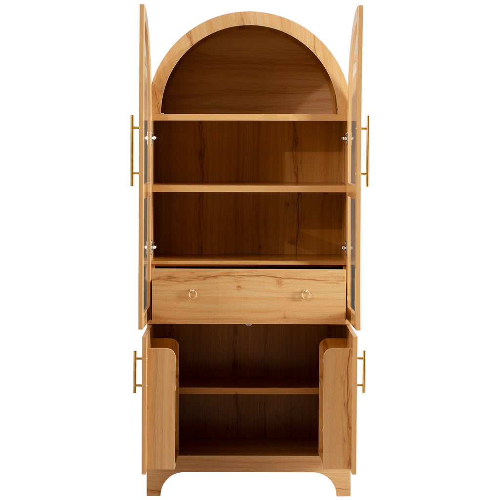 K&K 71' Tall Arched Kitchen Pantry Cabinet with Door Shelves, Farmhouse Kitchen Storage Cabinet with Open & Adjustable Shelves, Hidden Drawer & Glass Door, Cupboard for Kitchen, Dining Room, Natural - Grand Goldman Shop