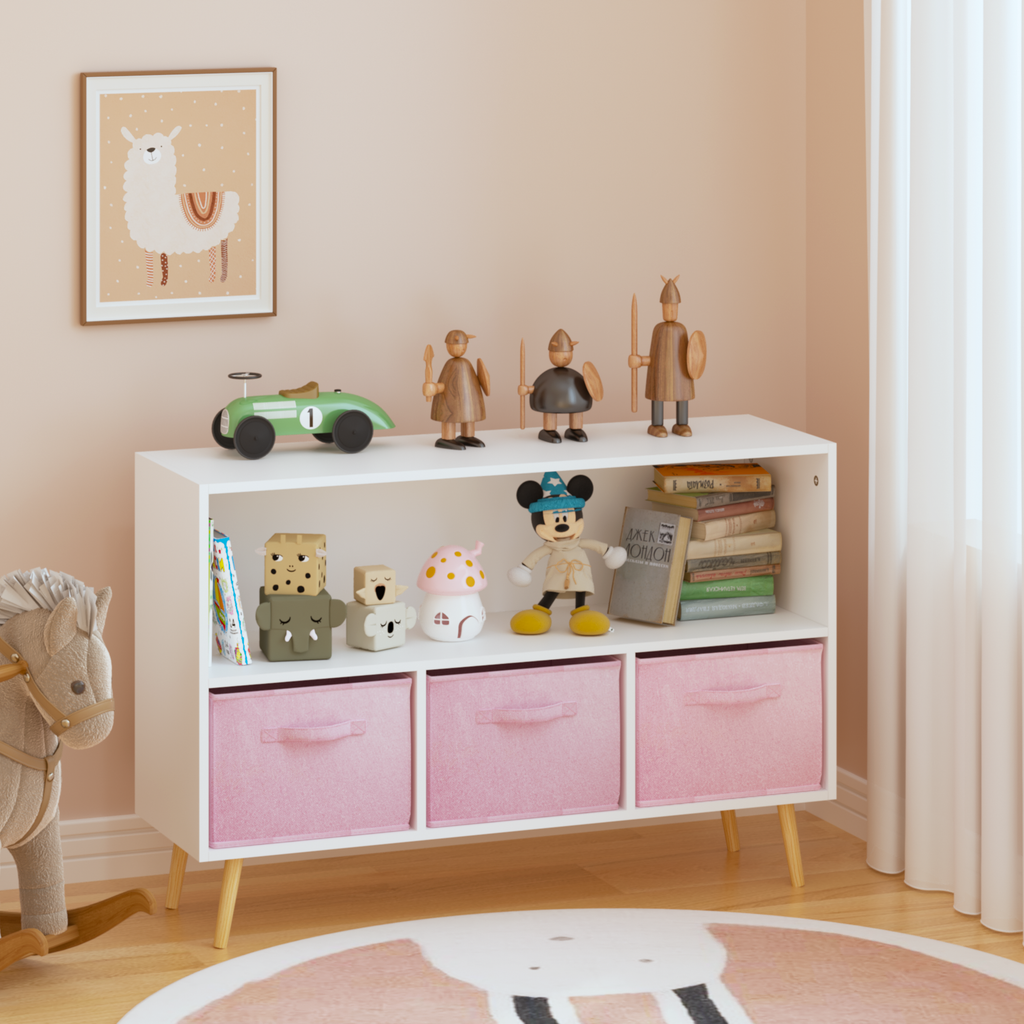 Modern Kids Bookcase with Collapsible Fabric Drawers, Children's Book Display & Toy Storage, White/Pink MDF & Pine Legs - Gra