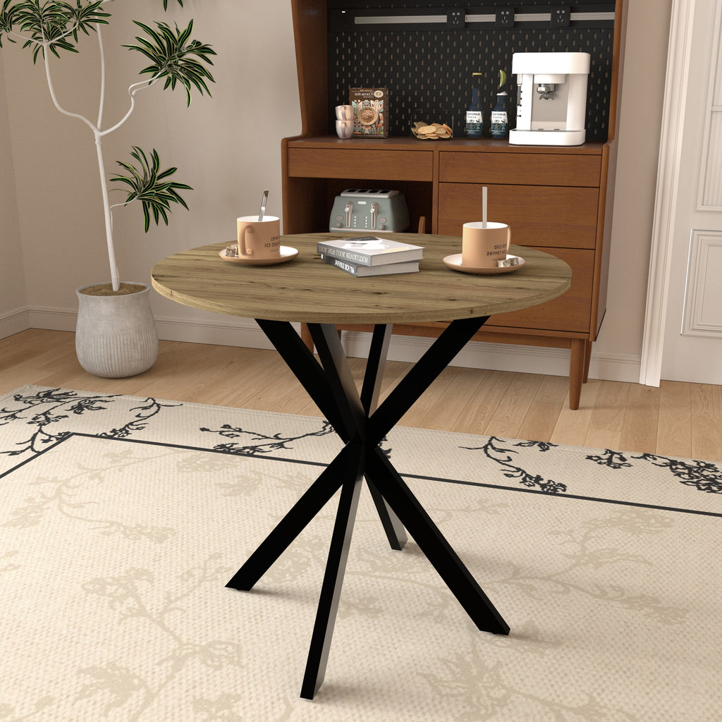 Modern 31.5 Inch Round Dining Table in Rustic Brown with Black Metal Legs, MDF Top for 2-4 People, Compact Kitchen or Dining Room Table - Grand Goldman Shop
