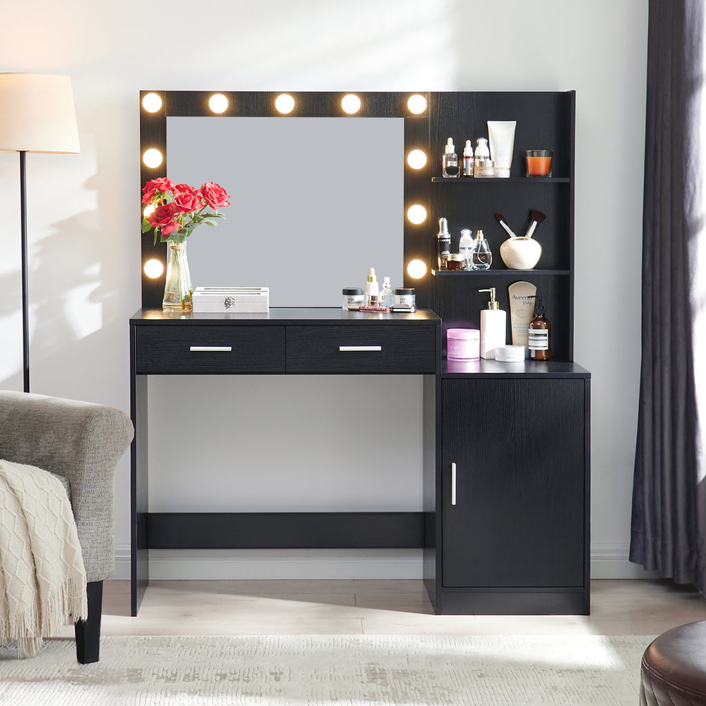 Modern Vanity Desk with Mirror and Lights, 46.4IN Dressing Table, Black MDF Wood, 3-Level Dresser with Adjustable Brightness - Grand Goldman Shop