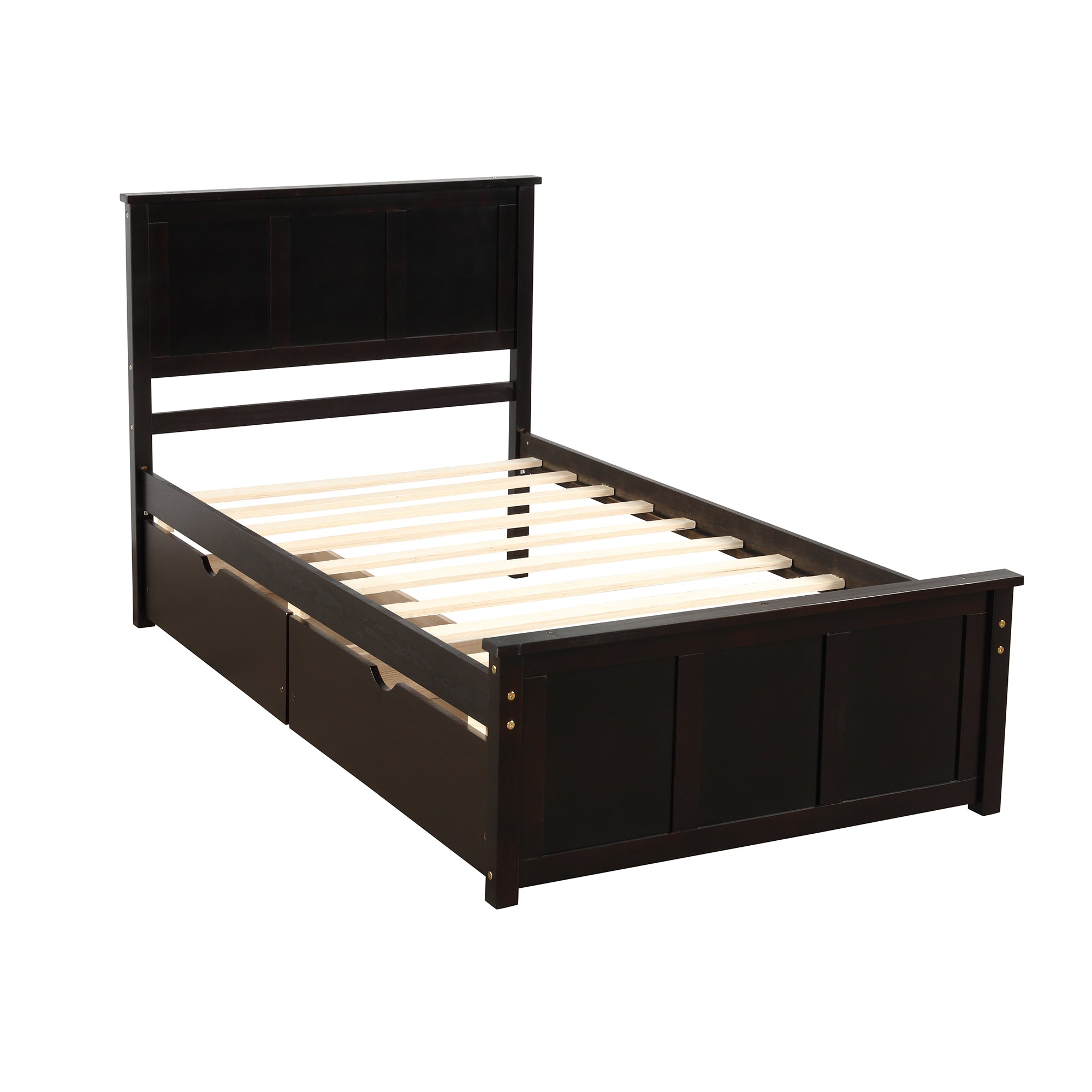 Espresso Platform Storage Bed with 2 Wheel-Base Drawers, Twin Size Frame, Pine Wood and MDF Construction - Grand Goldman Shop