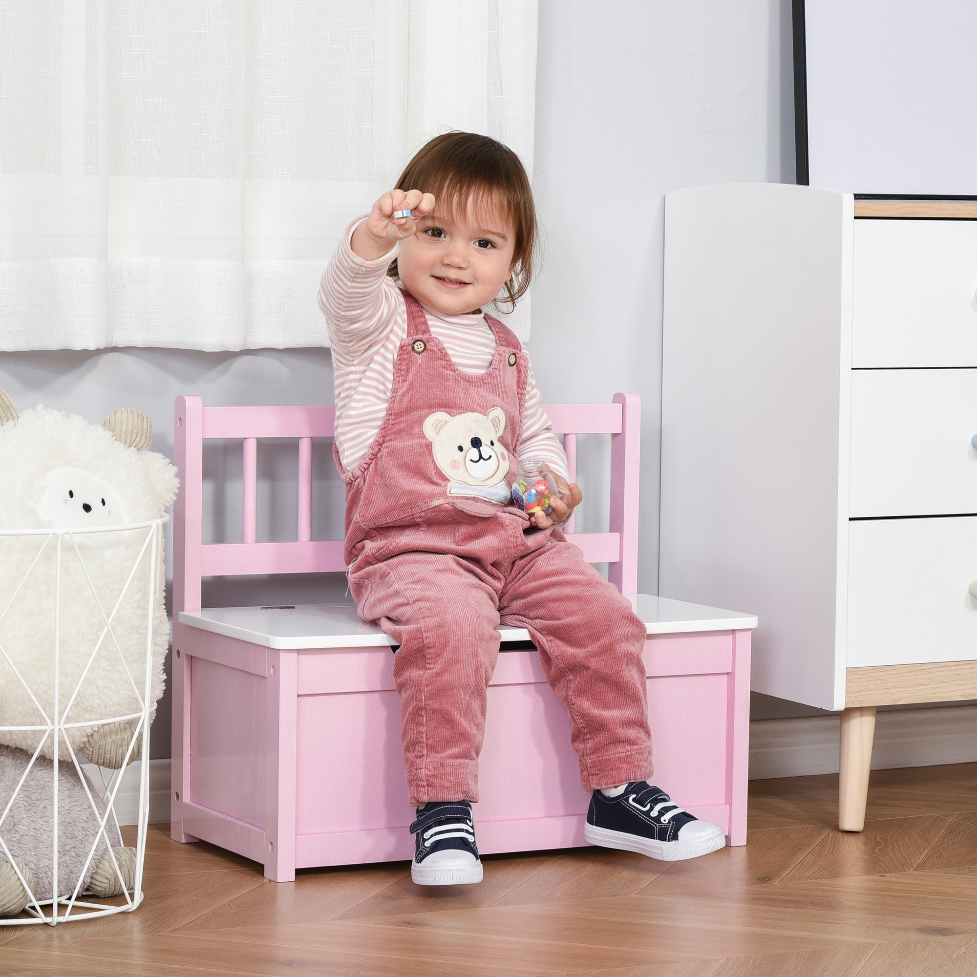 Qaba Toddler Toy Box Storage Bench with Large 27 L Interior, Kids Storage Bench Seat with Storage for Toddler Playroom Furnit