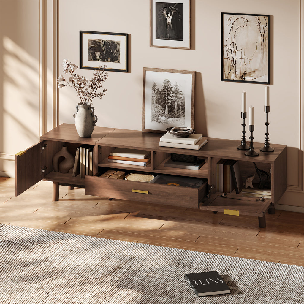 Wood Fashionable TV Stand for 75' TVs with Soft-Closing Doors, Dark Brown Modern Console with Rattan Accents and Drop-Down Cabinet, Solid Wood and MDF Construction - Grand Goldman Shop