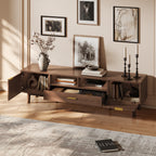 Wood Fashionable TV Stand for 75' TVs with Soft-Closing Doors, Dark Brown Modern Console with Rattan Accents and Drop-Down Cabinet, Solid Wood and MDF Construction - Grand Goldman Shop