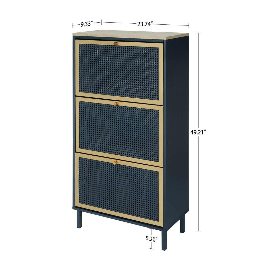 3-Door Metal Shoe Rack, Freestanding Modern Shoe Storage Cabinet with Metal Rattan - Blue-Gray Particle Board - For Entryway - Grand Goldman Shop