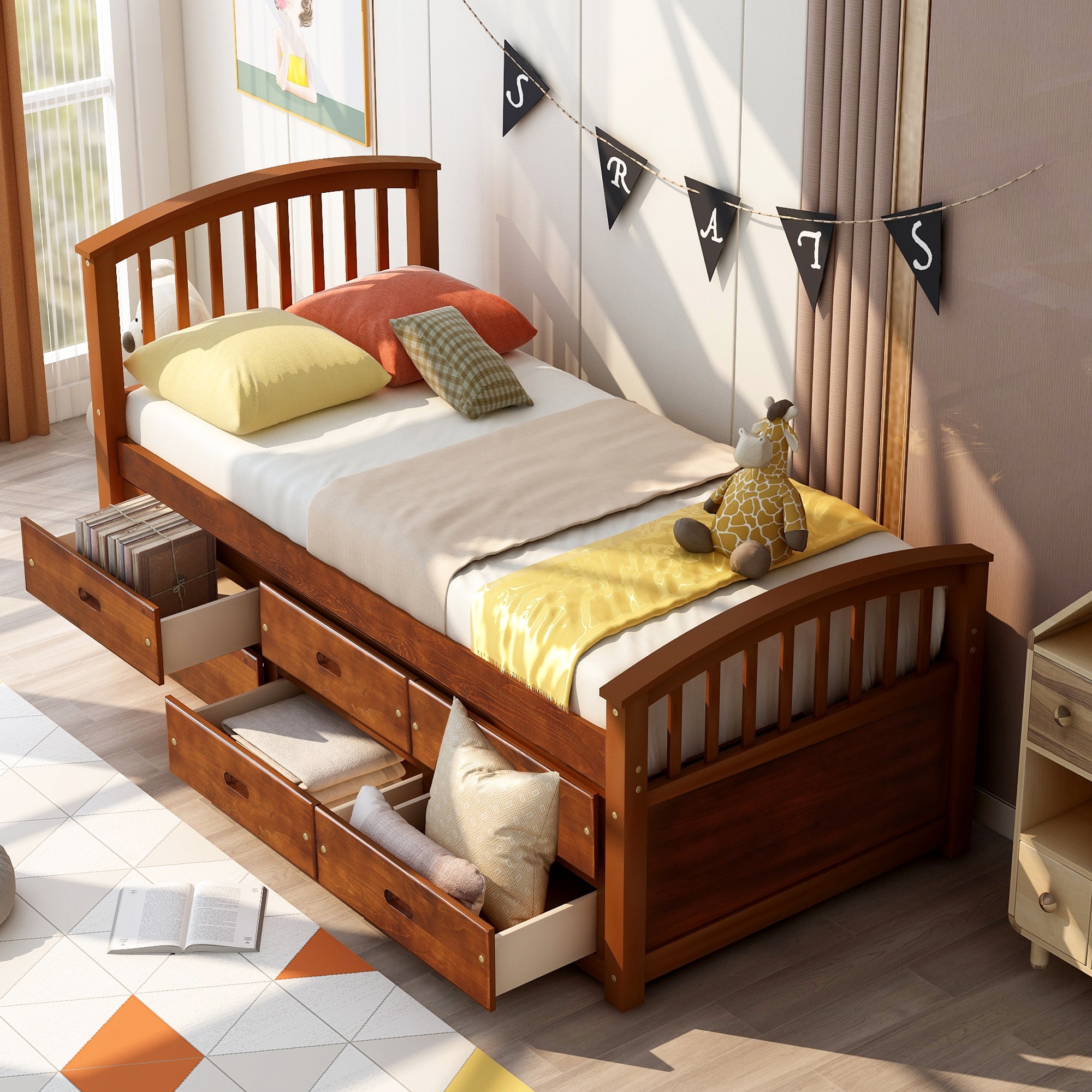 Orisfur. Twin Size Platform Storage Bed Solid Wood Bed with 6 Drawers - Grand Goldman Shop