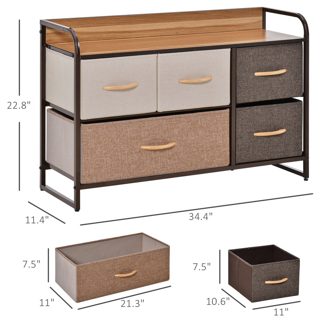 HOMCOM 5-Drawer Dresser, Fabric Chest of Drawers, 2-Tier Storage Organizer for Bedroom Entryway, Tower Unit with Steel Frame Wooden Top, Maple Wood - Grand Goldman Shop