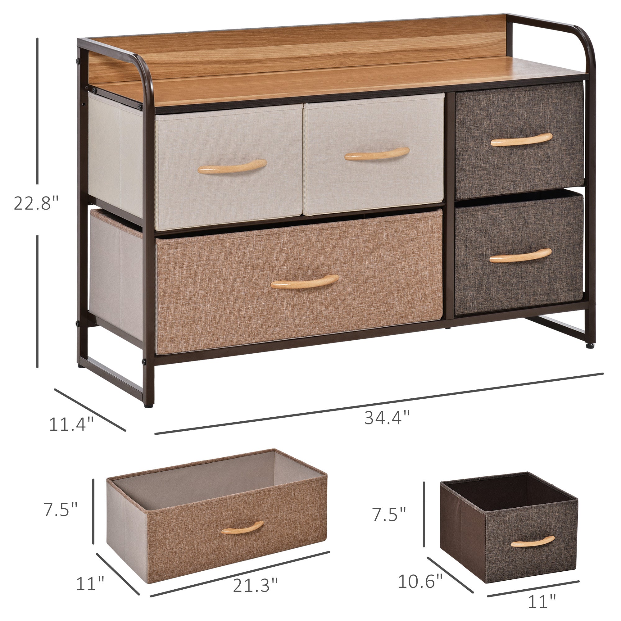 HOMCOM 5-Drawer Dresser, Fabric Chest of Drawers, 2-Tier Storage Organizer for Bedroom Entryway, Tower Unit with Steel Frame Wooden Top, Maple Wood - Grand Goldman Shop