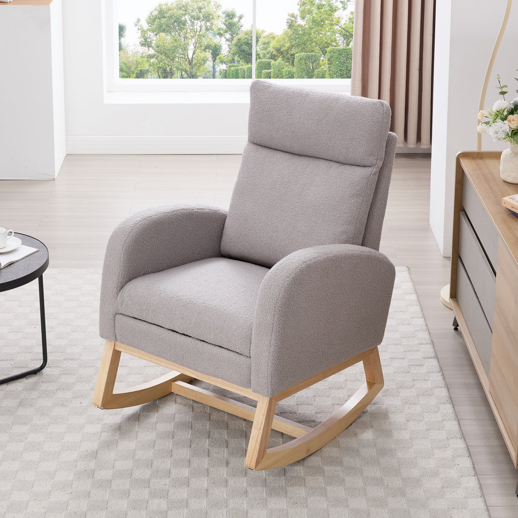 015B-Teddy Fabric Leisure Rocking Chair,Nursery Rocking Chair With Adjustable Footstool,Thickened Headrest And High Backrest, Storage Pocket On The Right Side,The Base Rocker Is Solid Wood,Light Gray - Grand Goldman Shop