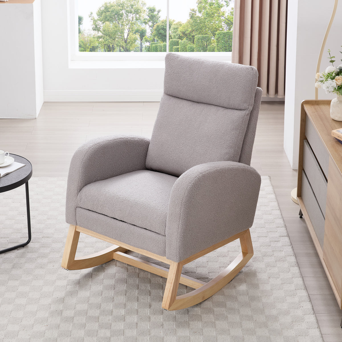 015B-Teddy Fabric Leisure Rocking Chair,Nursery Rocking Chair With Adjustable Footstool,Thickened Headrest And High Backrest, Storage Pocket On The Right Side,The Base Rocker Is Solid Wood,Light Gray - Grand Goldman Shop