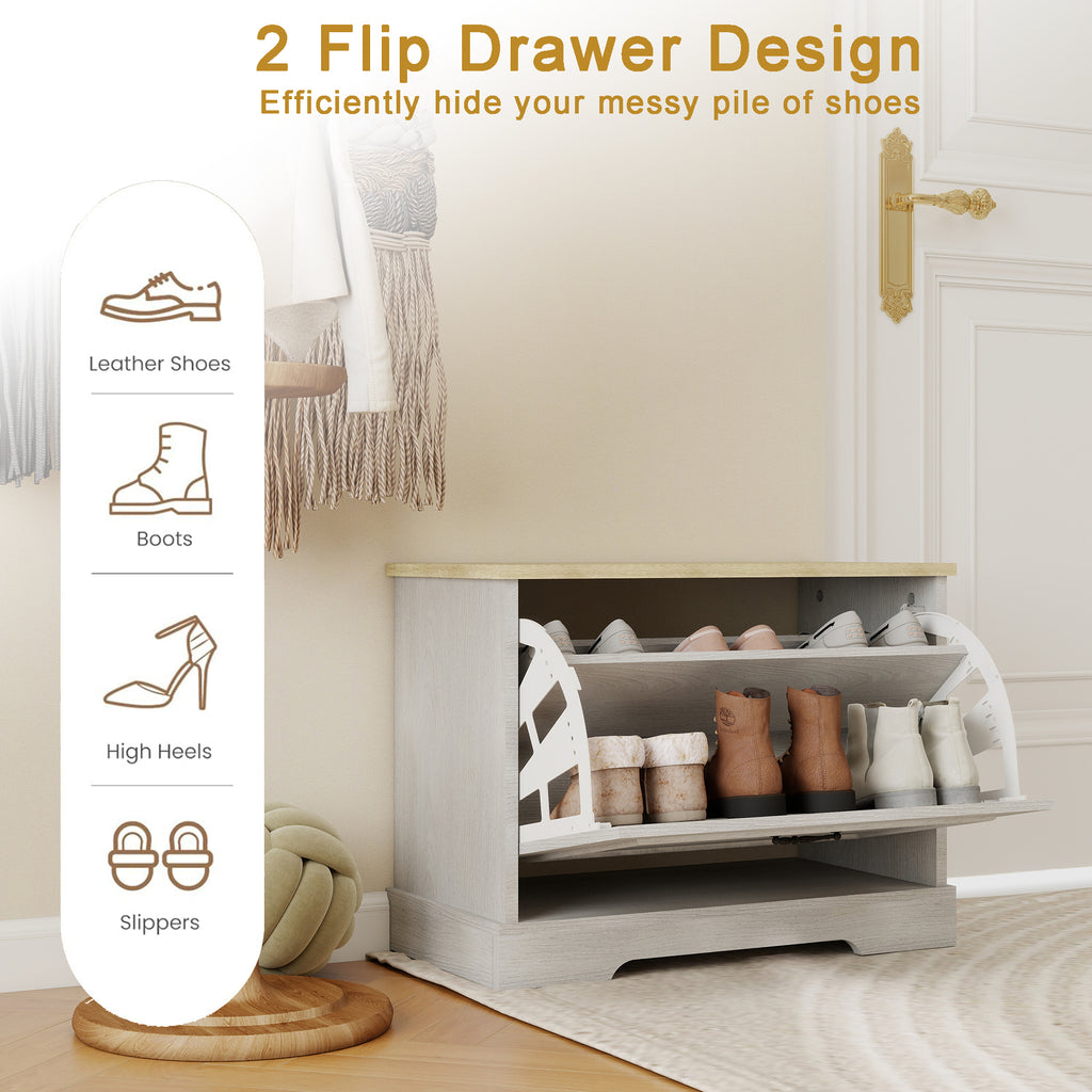 Shoe Storage Bench with 1 Flip Drawer and Adjustable Shelf, Small Shoe Cabinet  for Entryway, Hallway, Bedroom-Antique White - Grand Goldman Shop