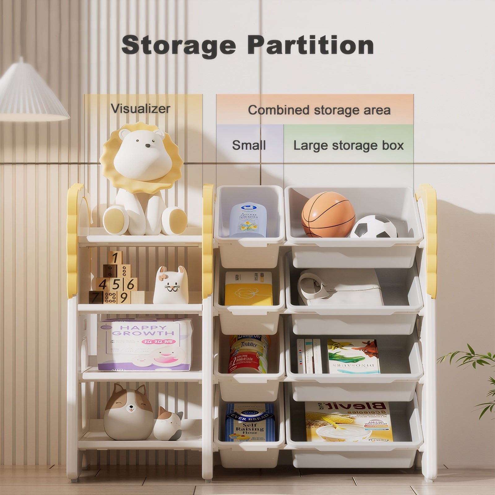 Kids Bookshelf and Toy Storage, 4-Tier Toy Organizers W/8 Removable Storage Bins, Kids Toy Storage Organizer for Study Room, 