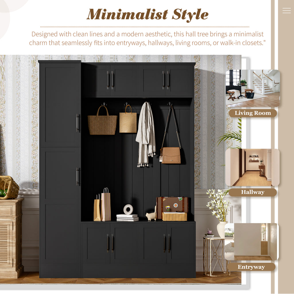 VIBE HAUS 79'' Tall Modern Hall Tree with Shoe Storage, 4-in-1 Entryway Bench with 6 Cabinets, 4 Coat Hooks & Adjustable Shelf for Hallway, living room, Black - Grand Goldman Shop