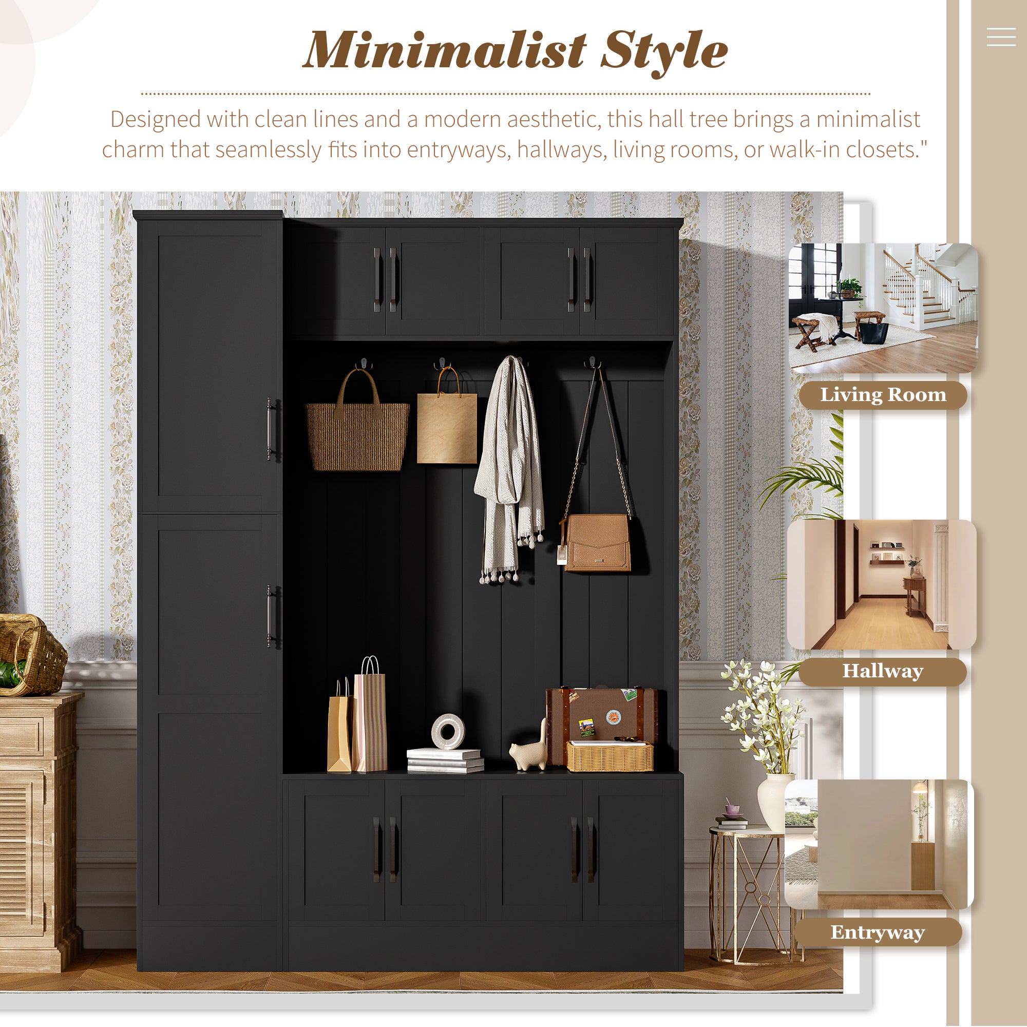 VIBE HAUS 79'' Tall Modern Hall Tree with Shoe Storage, 4-in-1 Entryway Bench with 6 Cabinets, 4 Coat Hooks & Adjustable Shelf for Hallway, living room, Black - Grand Goldman Shop