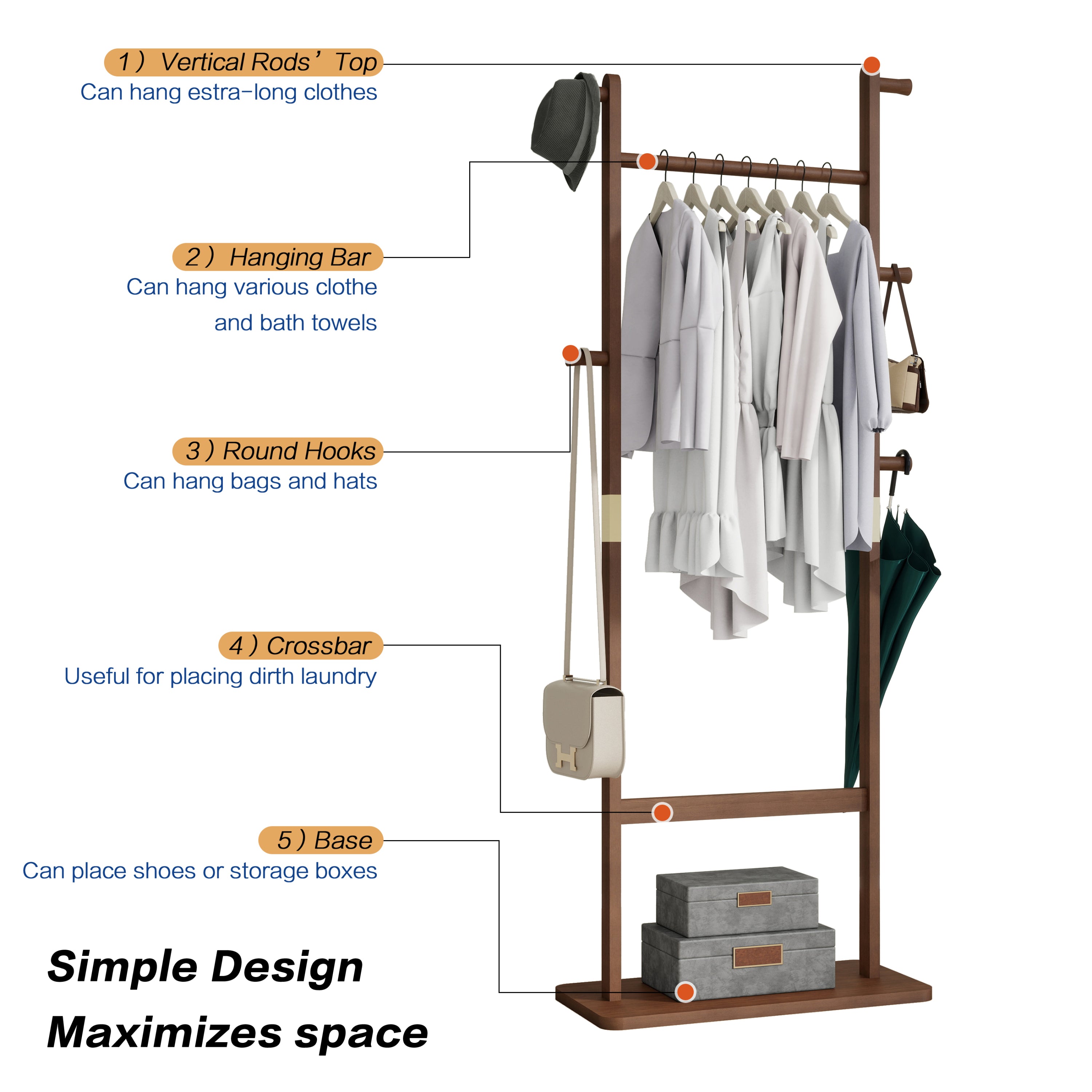 Coat Racks solid wood hanger 23.6* 11*71in Solid environmental protection easy to assemble beautiful can be placed in the bedroom/entrance/living room (Walnut) - Grand Goldman Shop