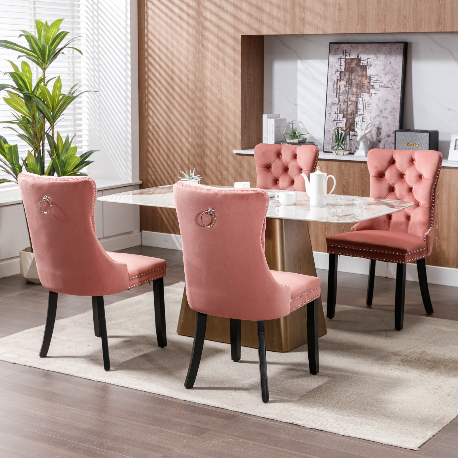 Nikki Collection Modern, High-end Tufted Solid Wood Contemporary Velvet Upholstered Dining Chair with Wood Legs Nailhead Trim 2-Pcs Set,Pink, SW2001PK - Grand Goldman Shop