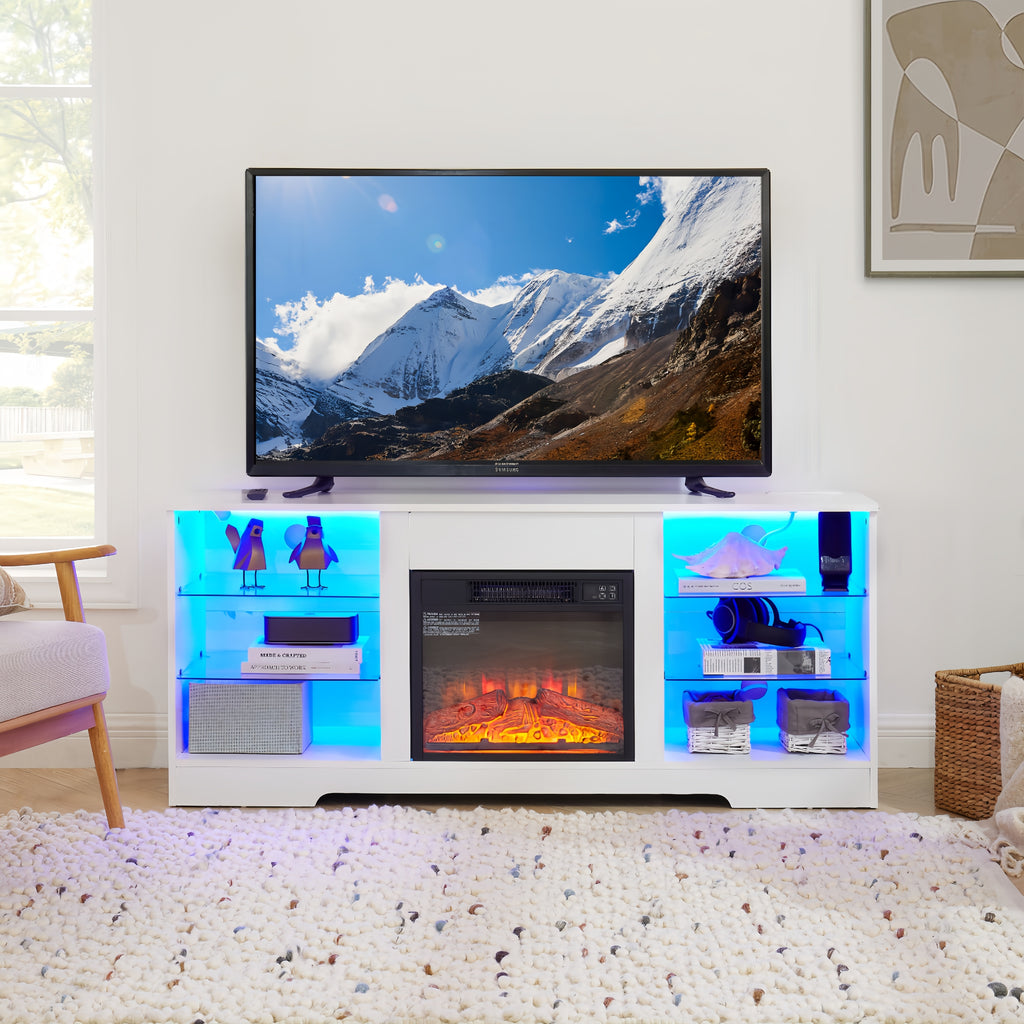 TV Stand Electric Fireplace TV Stand with Glass Shelves, 3D Fireplace TV Stand with LED Lights Wood with USB Charging Outlet Modern Television Table Center for TV up to 32-62' White 58''W*15.4''D*24.6 - Grand Goldman Shop