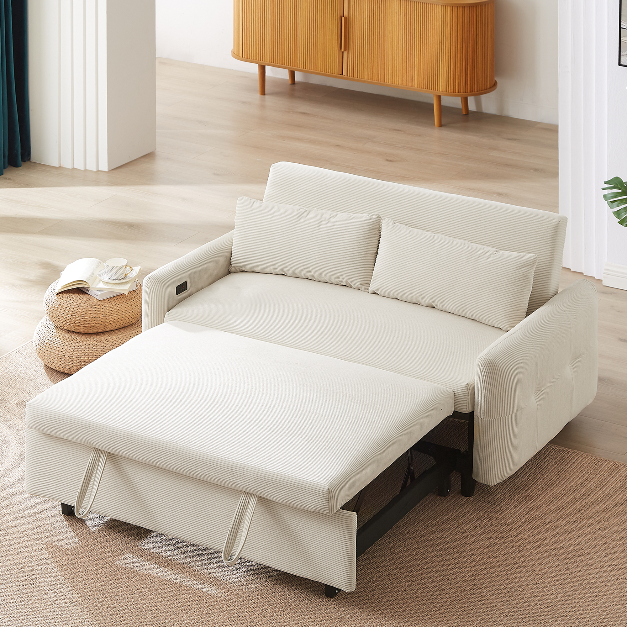 Modern Convertible Pull-out Sofa Bed with USB Ports and Pillows, Beige Corduroy, 57.48 inches - Grand Goldman Shop