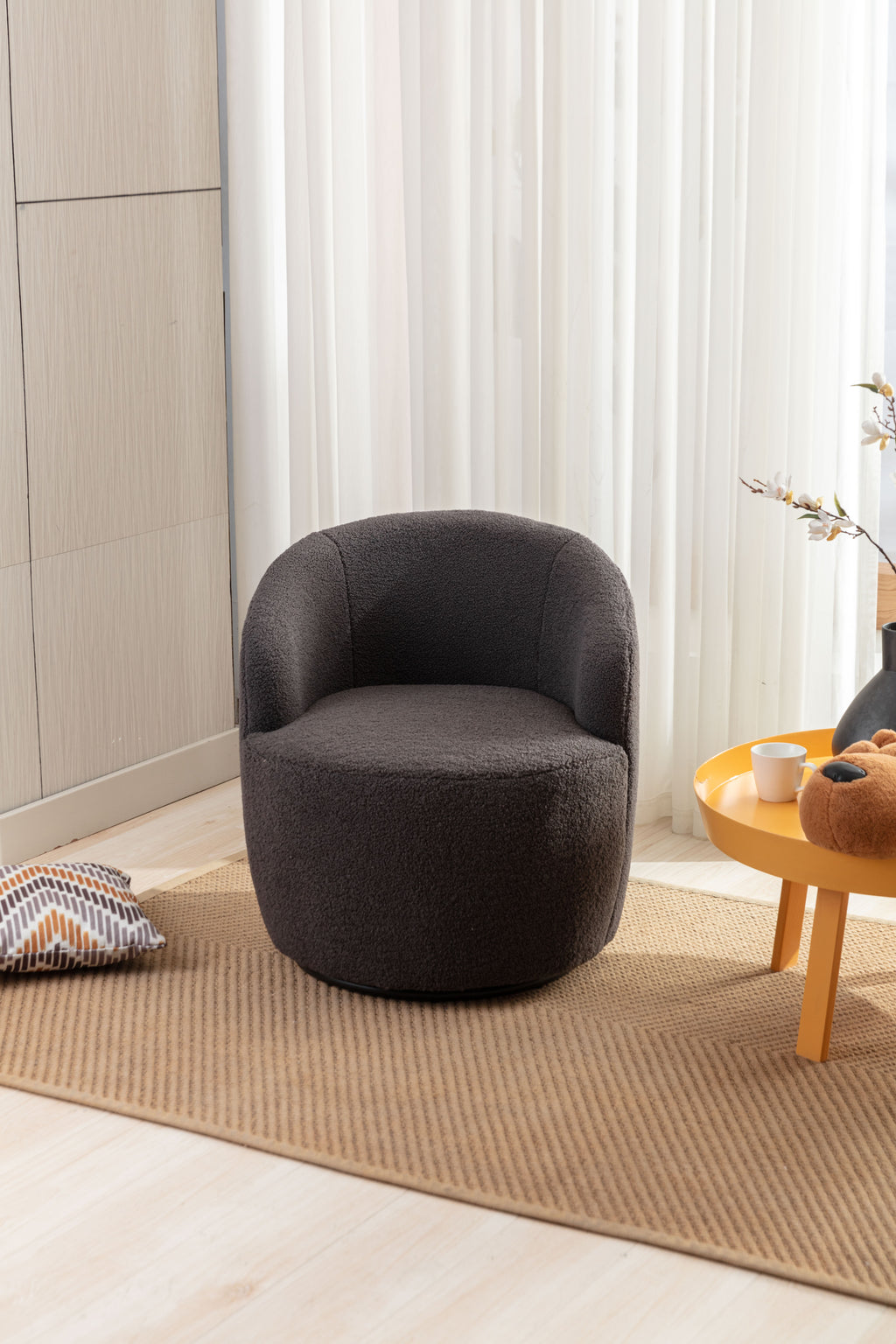 Teddy Fabric Swivel Accent Armchair Barrel Chair With Black Powder Coating Metal Ring,Dark Gray - Grand Goldman Shop