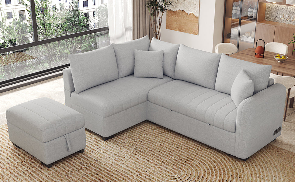 Modern L-shaped Sectional Pull Out Sofa Bed with USB Ports & Storage Ottoman, Gray Jacquard Fabric, 82.6' - Grand Goldman Shop