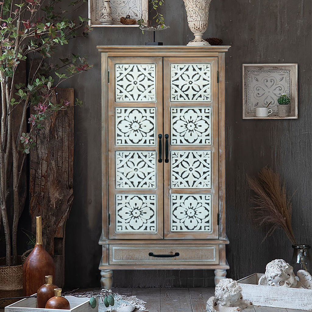 55.12'' Tall Tower Storage Cabinet - Rustic Wood Sideboard Pantry Cabinet - Versatile Buffet Cabinet with Storage for Home Decor and Organization chic cabinet with two doors and a drawer - Grand Goldman Shop