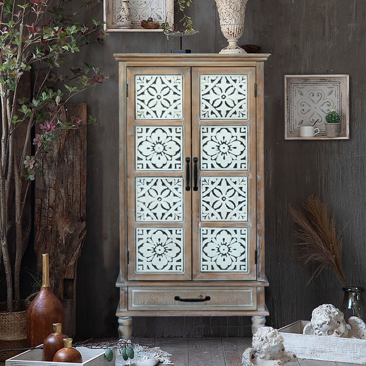 55.12'' Tall Tower Storage Cabinet - Rustic Wood Sideboard Pantry Cabinet - Versatile Buffet Cabinet with Storage for Home Decor and Organization chic cabinet with two doors and a drawer - Grand Goldman Shop
