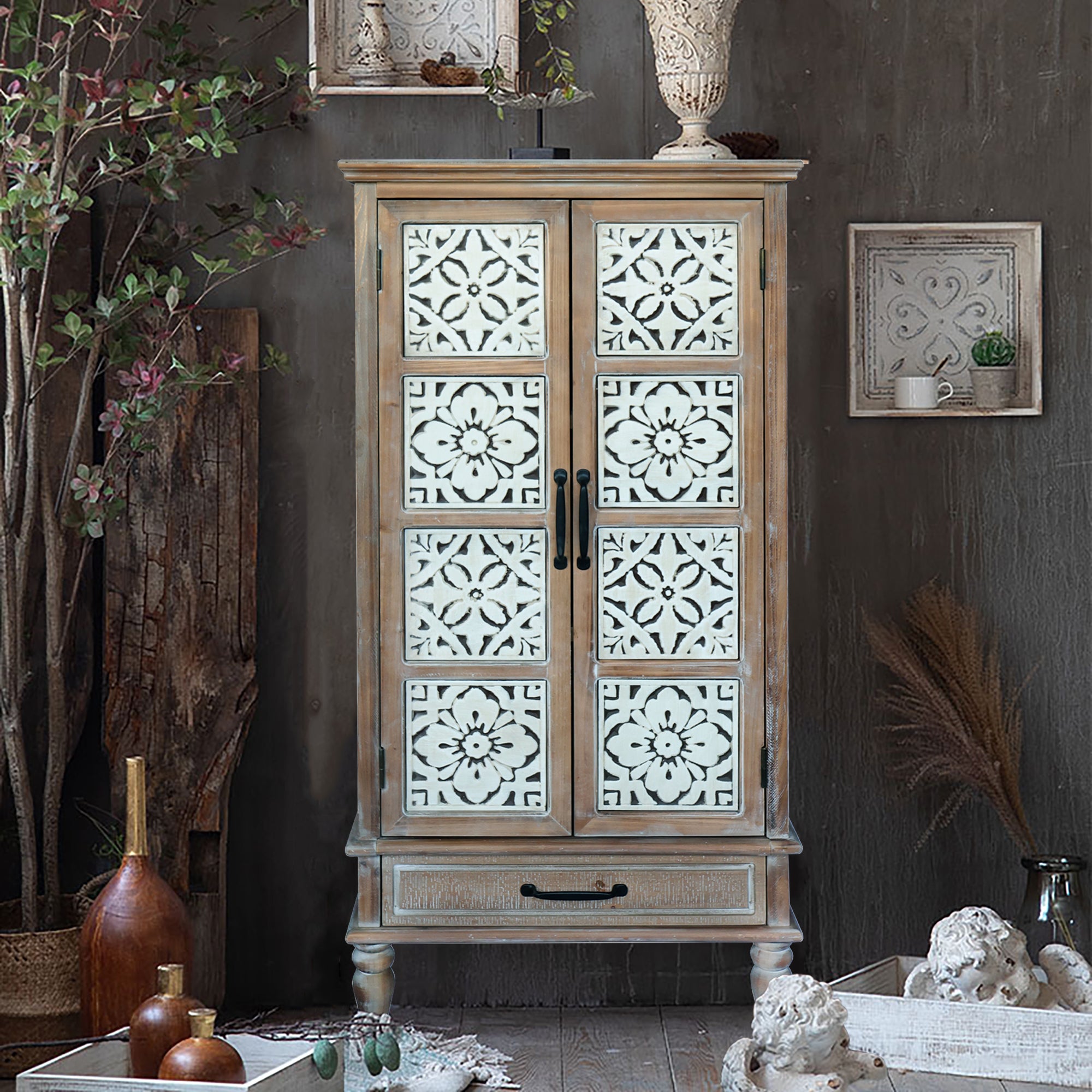 55.12'' Tall Tower Storage Cabinet - Rustic Wood Sideboard Pantry Cabinet - Versatile Buffet Cabinet with Storage for Home Decor and Organization chic cabinet with two doors and a drawer - Grand Goldman Shop