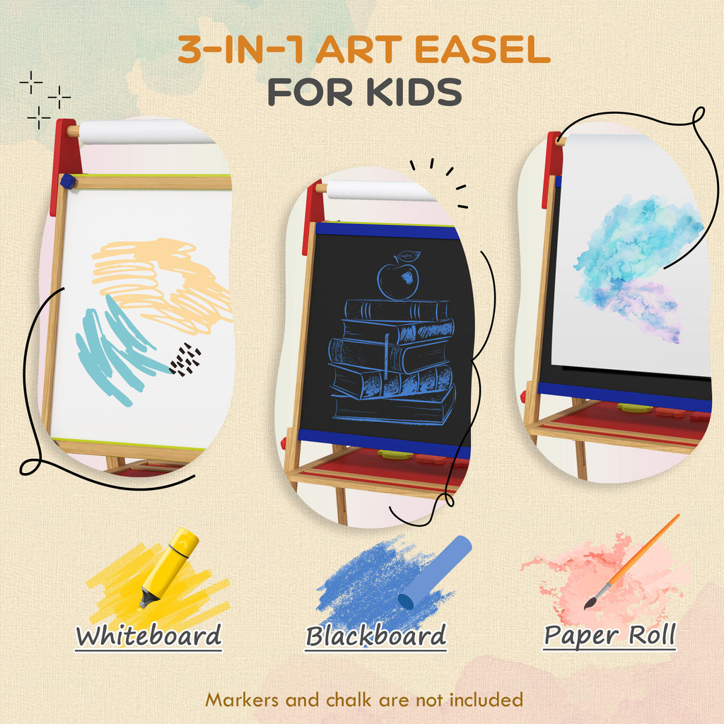 Qaba Easel for Kids, 3 in 1 Kids Art Easel with Paper Roll, Whiteboard, Chalkboard, Double Sided & Adjustable Height Wooden T