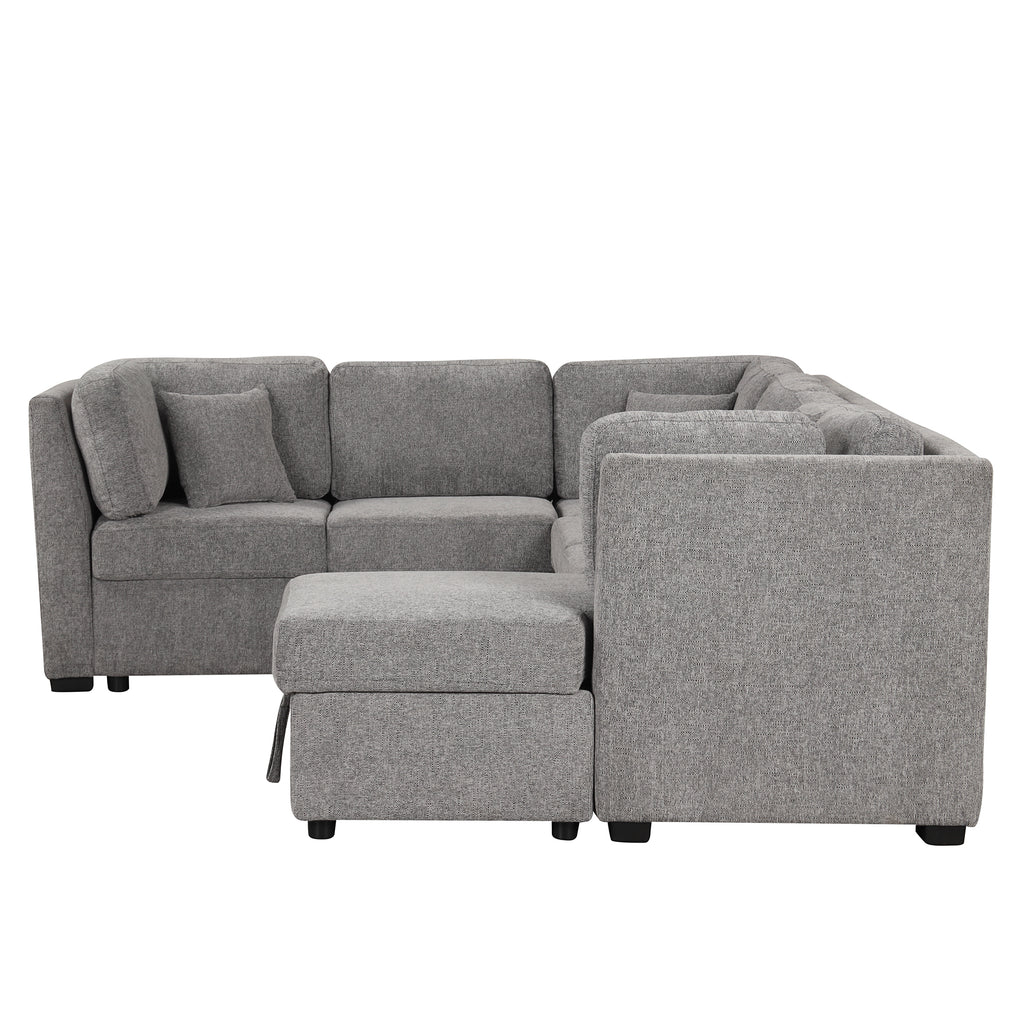 U-shaped Sectional Sofa Pull out Sofa Bed with USB Ports, Power Sockets, Storage Chaise, Light Gray Chenille, 108.6' - Grand Goldman Shop