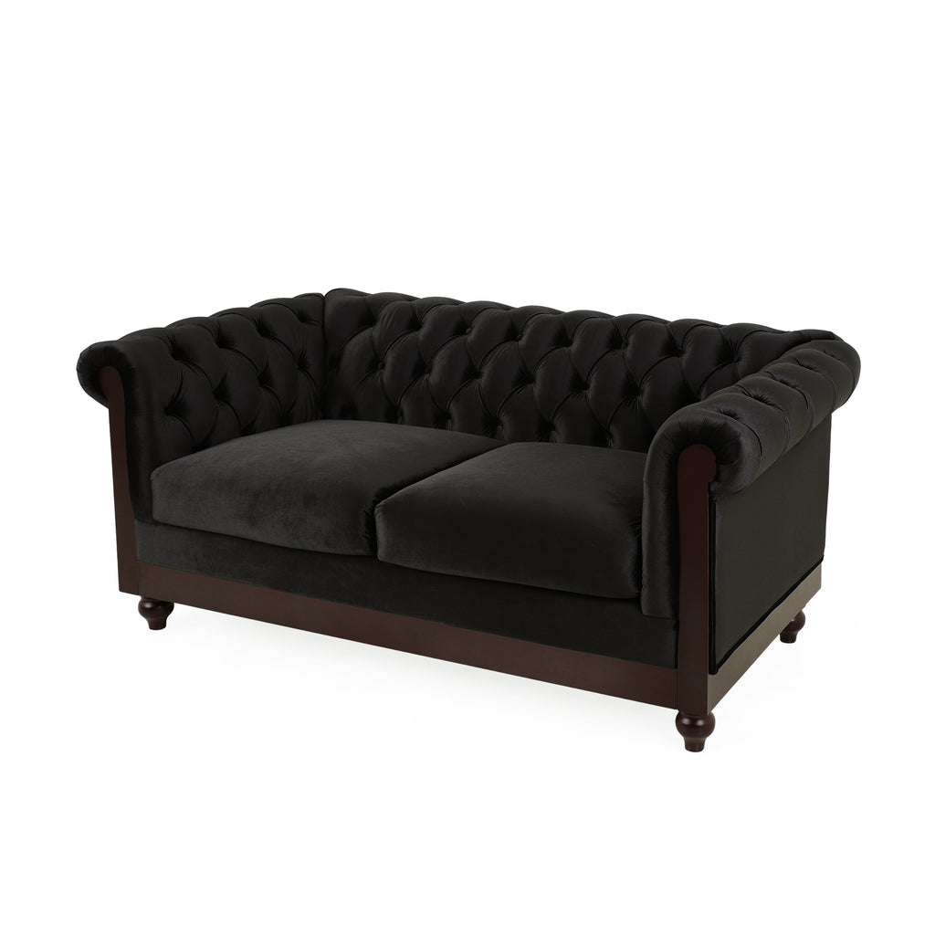 VIVALUX Chesterfield Velvet Loveseat Sofa, 2-Person Rolled Arm Upholstered Couch, Black, Pine Wood Frame, 59.44' - Grand Goldman Shop